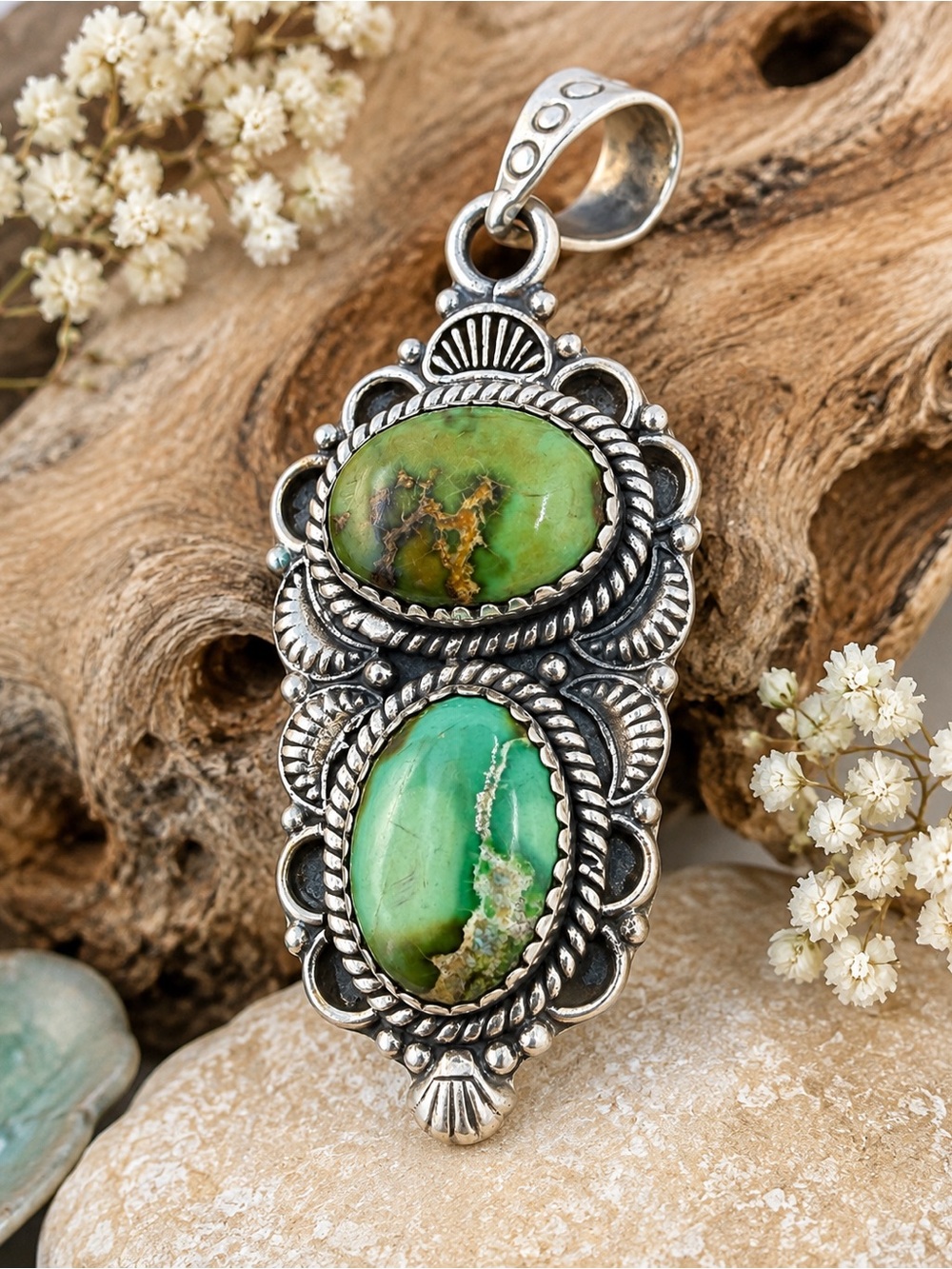 Sterling Silver Double Green Turquoise Southwestern Pendant 2.5” Native American